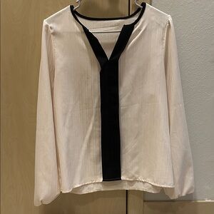 Cream Long-Sleeve Blouse with Black Trim - Women's Top